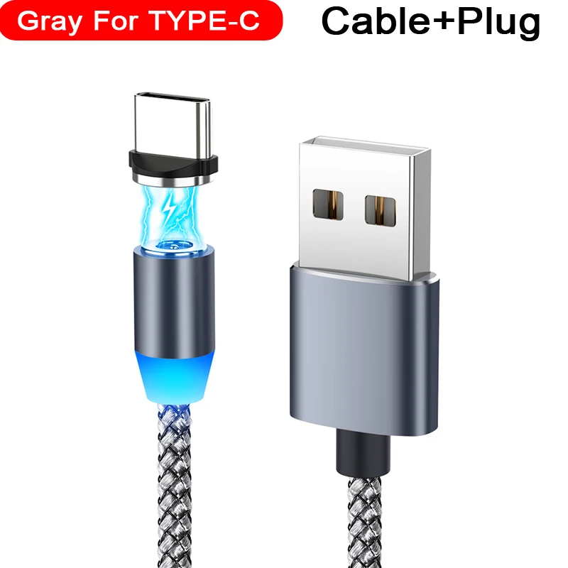 Магнитный usb-кабель для быстрой зарядки 2,1 А, Тип C, микрокабель, светодиодный, с нейлоновой оплеткой, type-C, магнитное зарядное устройство для iPhone XS X 7, samsung, 1 м, 2 м - Цвет: Grey for Type-c