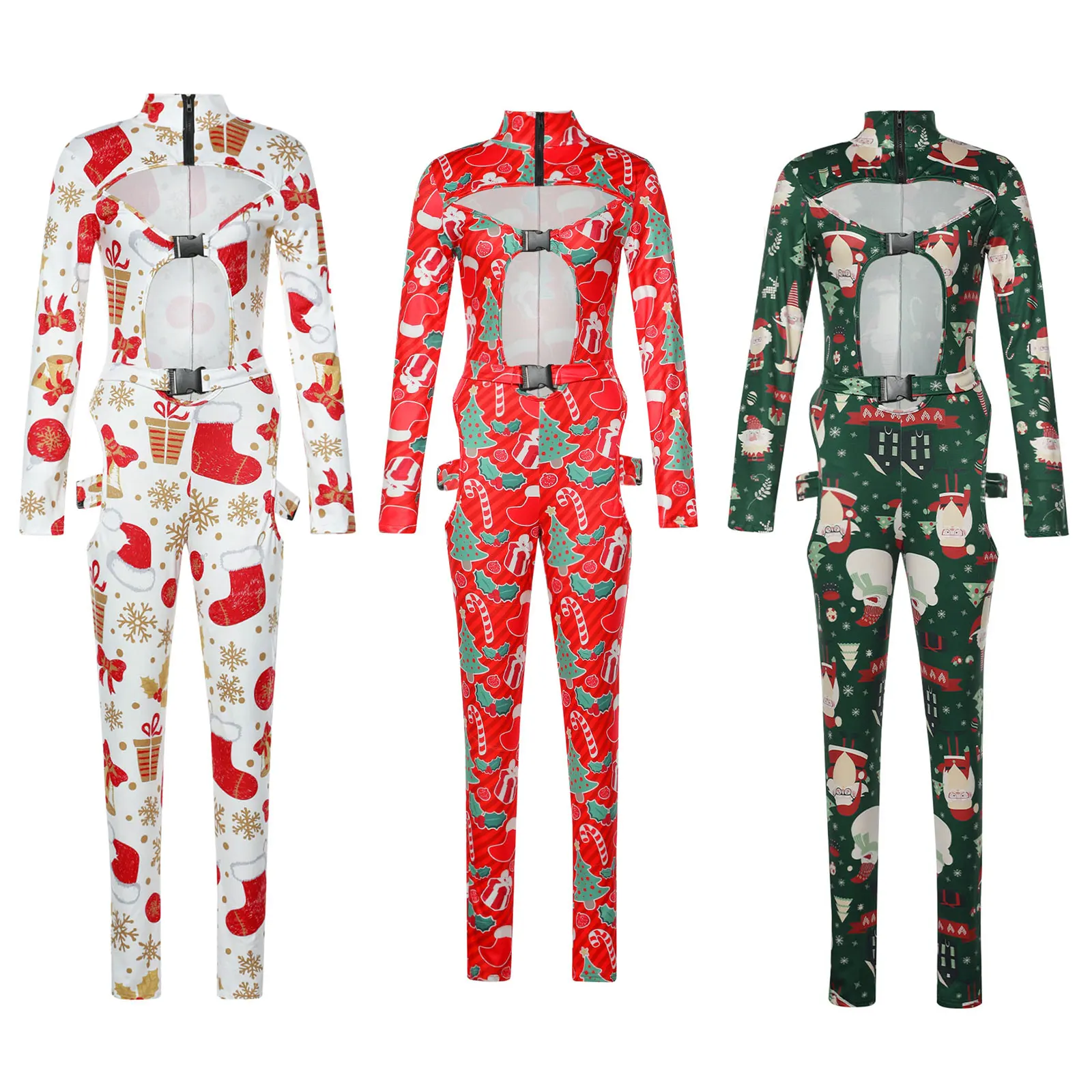 

Женский Облегающий комбинезон с длинным рукавом, с высоким воротником и пряжкой, с вырезами и высокой талией, облегающие брюки, Рождественс...