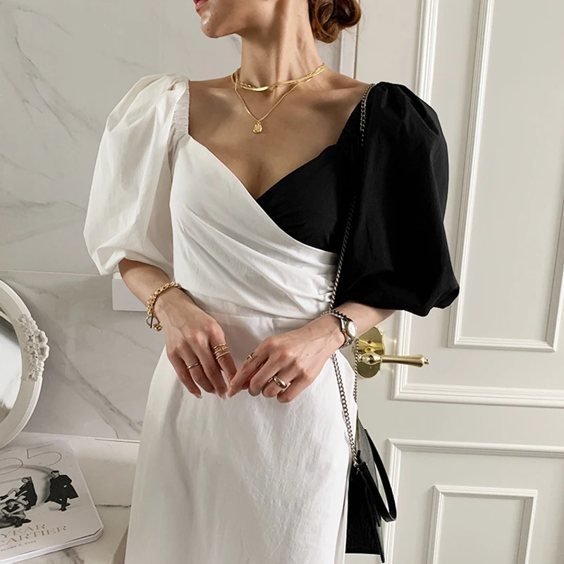 

GALCAUR Colorblock Vintage Short Puff Sleeve Midi Dress For Women V Neck High Waist A Line Long Dress Female 2021 Fashion Summer