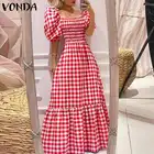 Платье VONDA женское длинное с коротким рукавом, повседневный винтажный клетчатый сарафан свободного покроя с квадратным вырезом, в богемном стиле