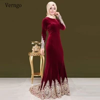 verngo burgundy saudi arabic mermaid evening dresses high neck long sleeves velour gold lace applique formal gown plus size