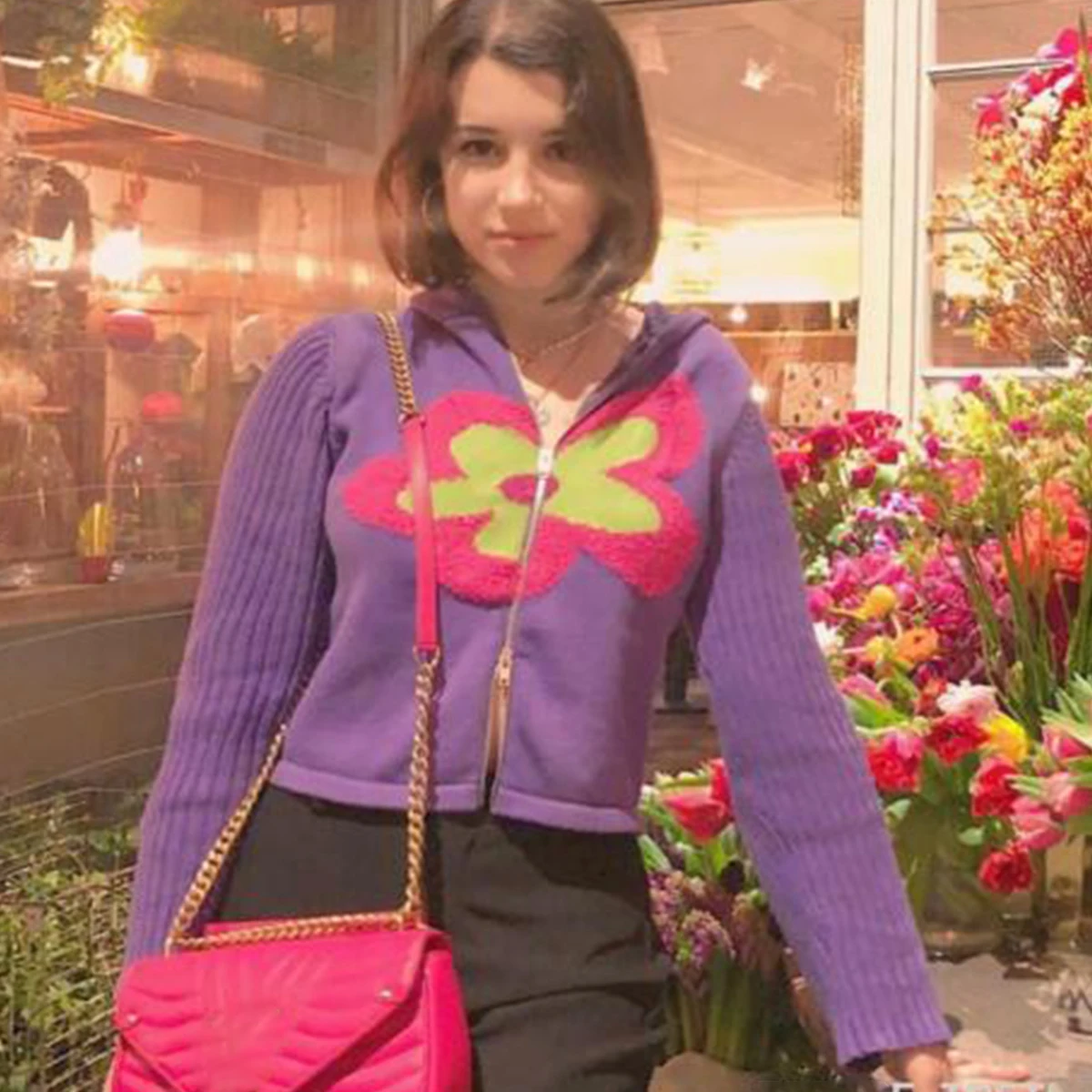 Женский трикотажный свитер с капюшоном фиолетовый Повседневный Кардиган