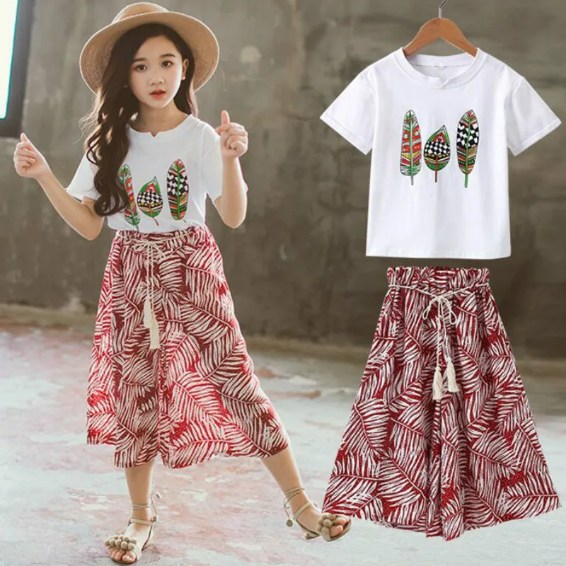 Одежда для девочек Лето 2019 мода с коротким рукавом принтом свежих листьев