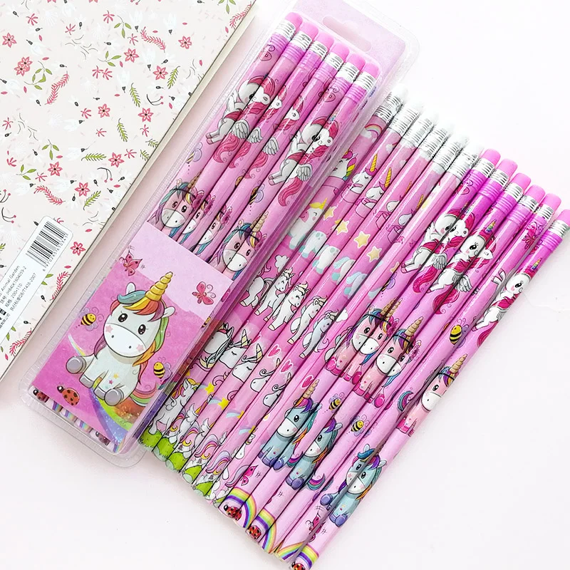 12 шт./компл. милый мультяшный единорог карандаш с ластиком 2B скетч-товары для
