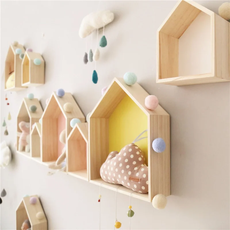 

Nordic Wall Shelf Display Hanging Shelving Kid's Room House Shape Shelf Wooden Shadow Cubby Box Storage Natural Shelves Decor