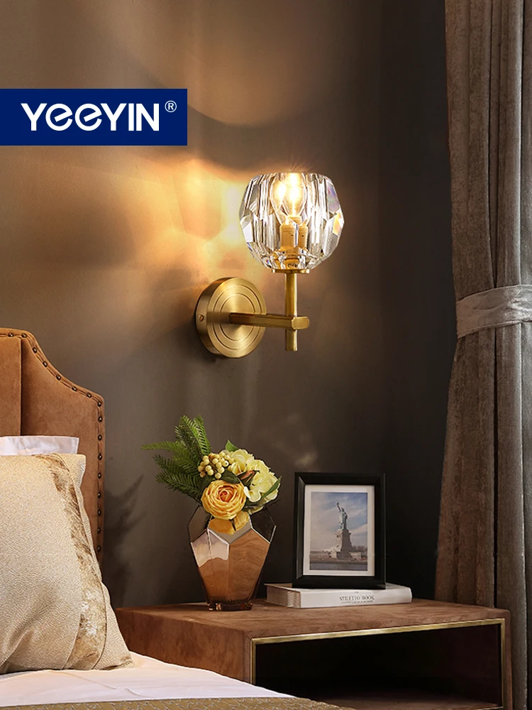 

Moon Shadow Light Luxury Crystal Bedroom Bedside Lamp Simple Living Room Background Wall Lamp Full copper crystal wall lamp 220V