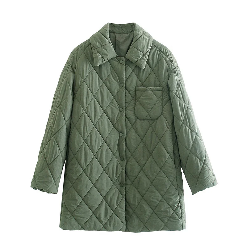 

2021 Winter Green Rhombic Thicken Cotton Jacket Women Casual Single Breasted Loose Long Coats Ladies New Fashion Warm Outwear