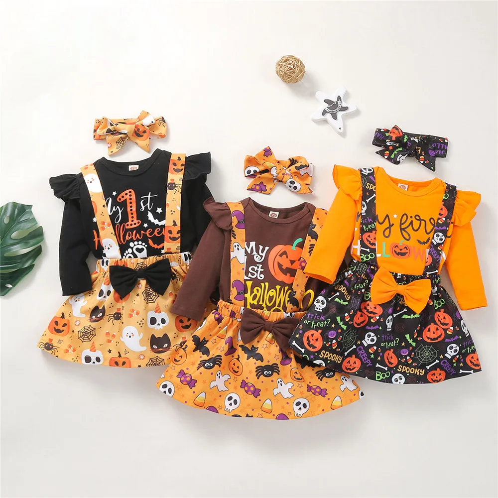 

0-18 Months Baby Girl Halloween Three Piece Suit Newborn Ghost Pumpkin Print Long Sleeve Romper + Suspender Skirt With Headband