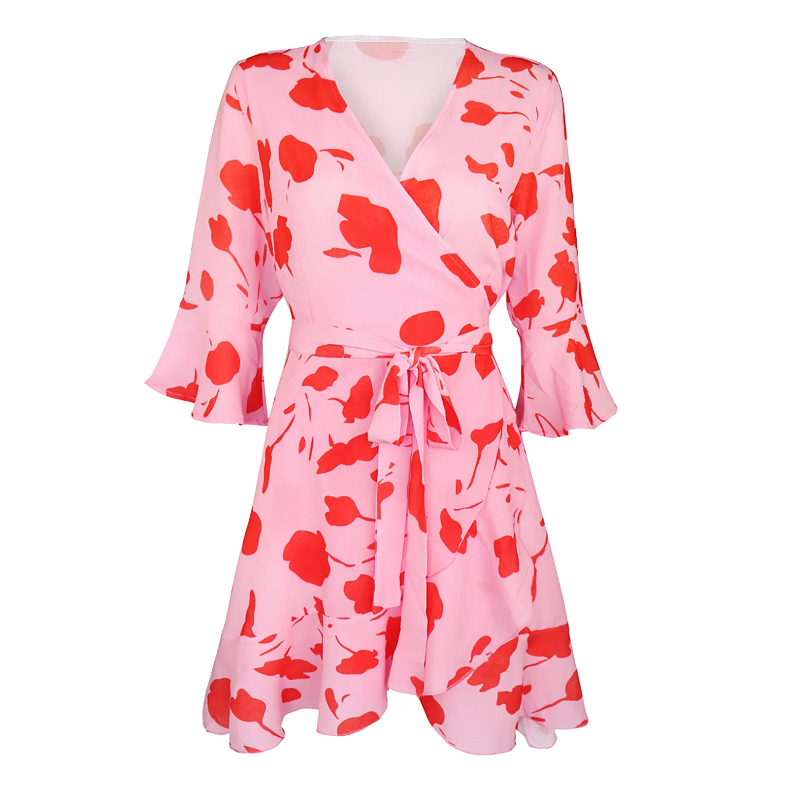 

New Arrival Fashion Casual Fashion Womens Casual Loose Sexy Short Sleeve V-neck Print Dress Loose Dresses Vestido#50