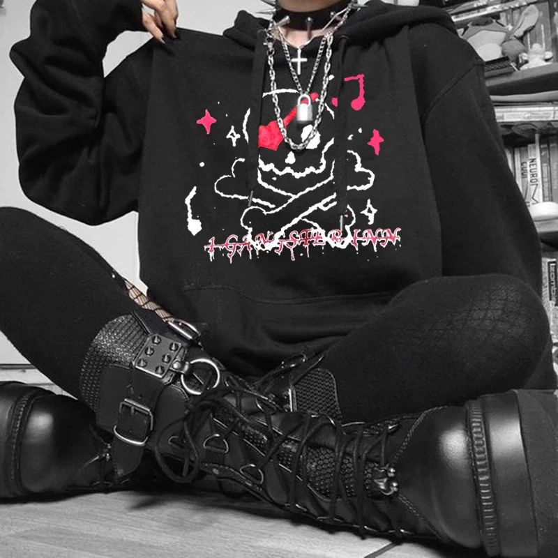 

Женская толстовка с капюшоном, Черная Толстовка Оверсайз с принтом черепа в стиле ольччан, корейский свитшот в стиле панк, уличная одежда в ...
