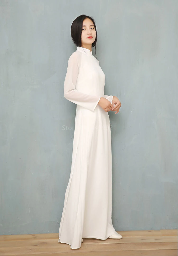Vietnam Ao Dai White Solid Chiffon Perspective Dress for Woman Chinese Cheongsams Full Sleeve Female Oriental Dress