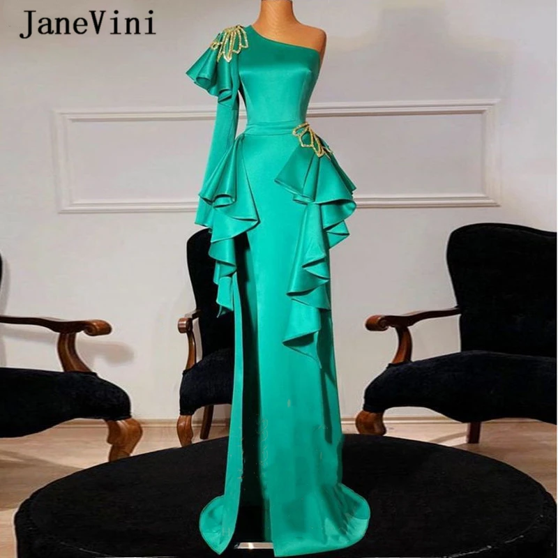 

JaneVini Sexy Turquoise One Shoulder Long Sleeve Evening Dresses Side Split Shiny Beaded Satin Ruffles Arabic Formal Dinner Gown