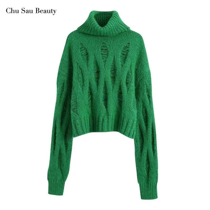 

Chu Sau Beauty ZA Women's Autumn Ripped Knit Sweater Fashion High Neck Loose Short Top High Waist Casual Pullover Sweater