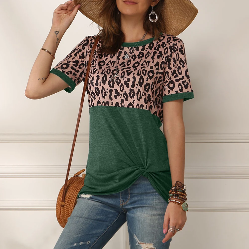 

Leopard Print Patchwork Leisure Women's Shirts O-Neck Short Sleeve Cotton Female Tops Casual Women Clothing 2020 Autumn