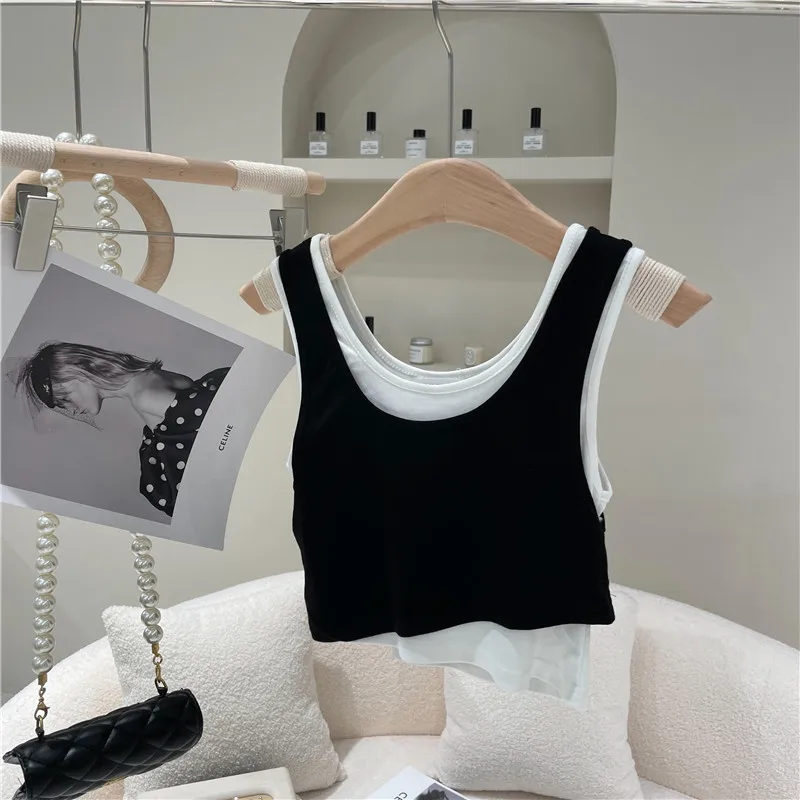 

Women's Spring Summer 2021 Fashion Solid irregular fit with short sleeveless top Fake two pieces Camisole Vest