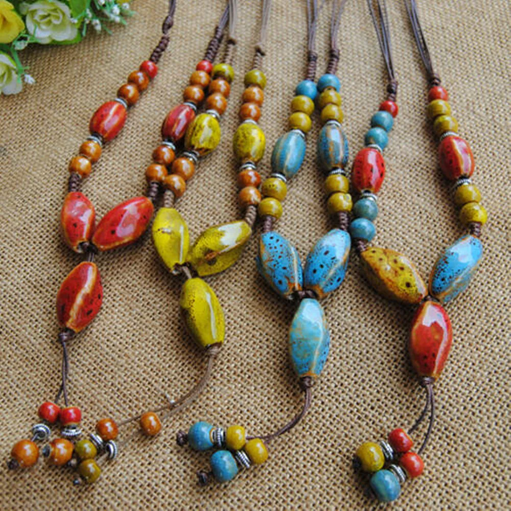 Цепочка с подвеской в этническом стиле N369 керамический кулон бусинами ручной