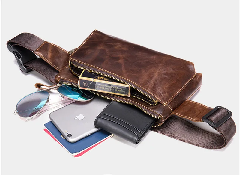 Simple casual  designer natural real leather multifunctional men's chest bag retro luxury summer sports lightweight waist bag