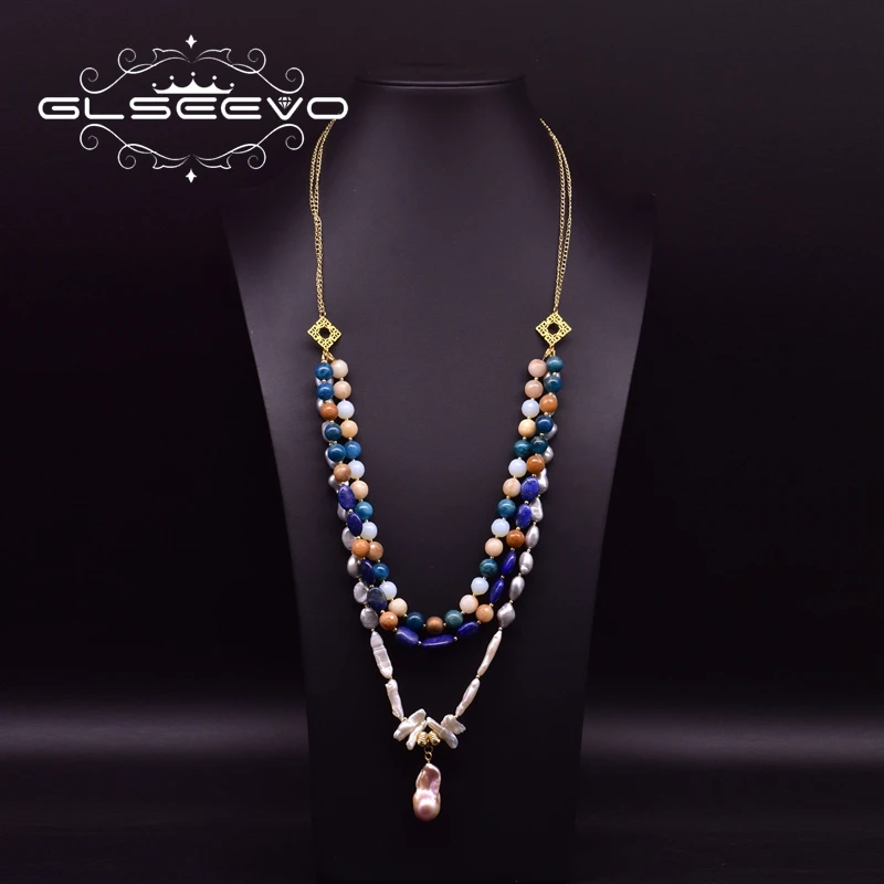 

GLSEEVO Original Design Fresh Water Baroque Pearl Colorful Multi-layer Long Necklace For Women Birthday Girl Boho Jewelry GN0193