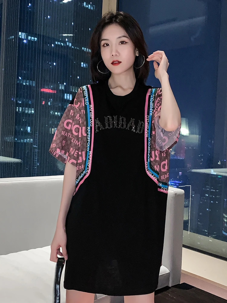 

2021 Summer Women's Rhinestone Letter Short-Sleeved T-shirt Female European New Loose Stitching Mid-Length Round Neck Top Tee