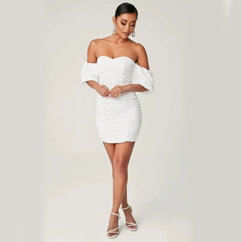 2020 new hot summer one line chest wrap skirt slim fit Hip Wrap Skirt sexy open back pure white breathable pleated women's dress | Женская