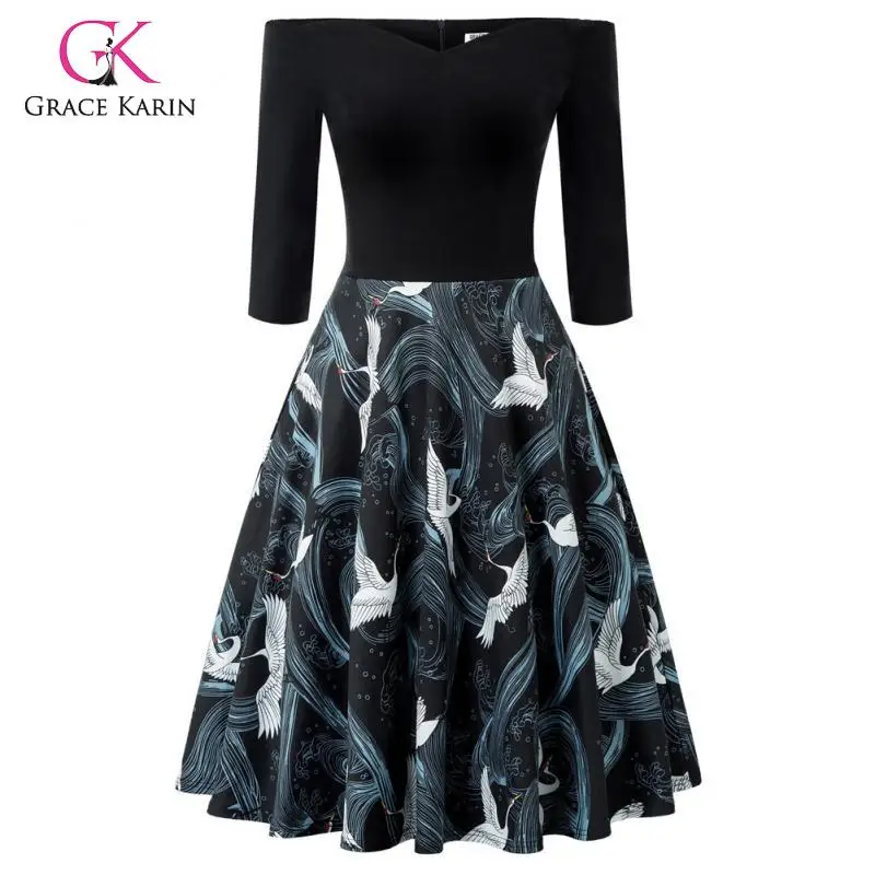 Grace Karin Women's 3/4 Sleeve Off Shoulder Dress Print V-Neck Flared A-Line Dresses Patchwork Pleated Midi Cocktail Party | Женская