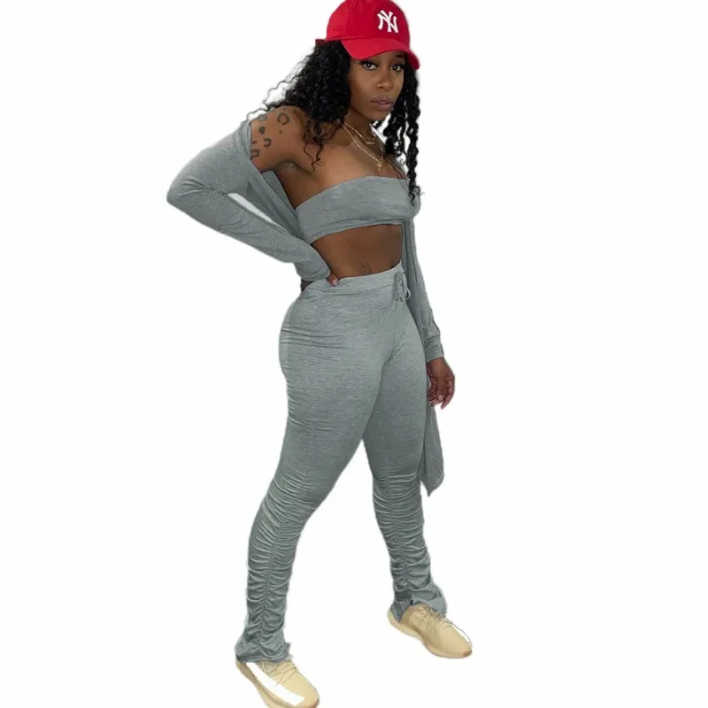 

3 Piece Women Sets Cardigan Robes With Tank Tops And Stacked Pant Suits Autumn New Solid Fashion Streetwear Casual Sexy Outfits