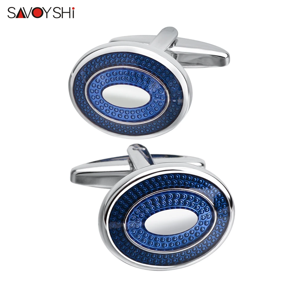 

SAVOYSHI Classic Bussiness Cufflinks for Mens Shirt High Quality Oval Blue Enamel Cuff buttons Special Gift Free engraving name