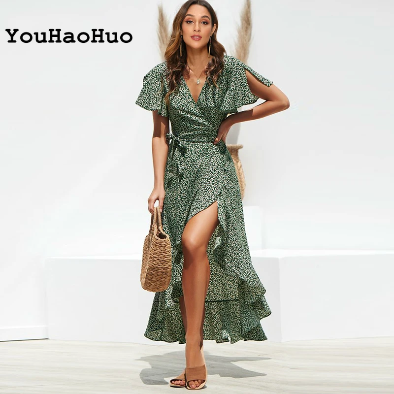 Летнее пляжное макси платье для женщин Цветочный принт в стиле бохо длинное с