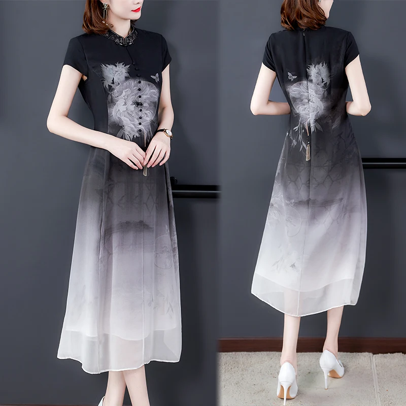 

Chinese style dress for women long summer 2020 new Short-sleeved dress ladies improved cheongsam dress elegant fashion printing
