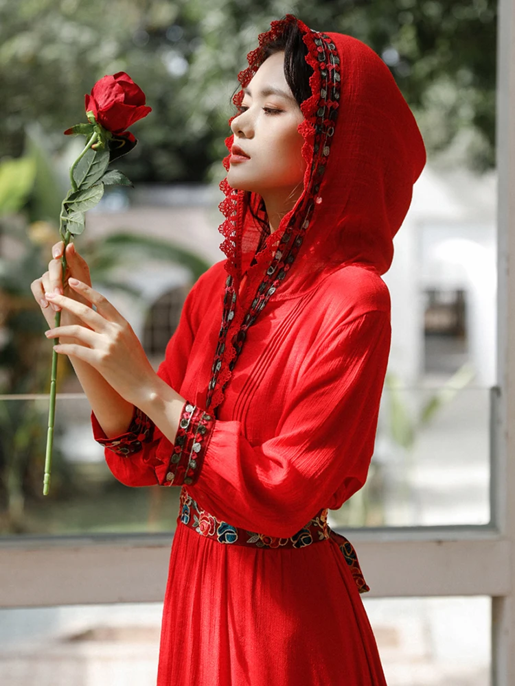 

Summer New Women's Dress Ethnic Style Retro Red Temperamental Hoodie Heavy Embroidered Nine - Minute Sleeve Midsection Dress