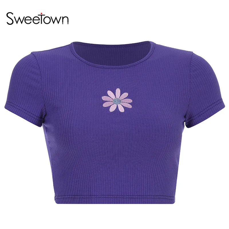 purple Sweetown фиолетовый базовый укороченный Топ Футболка для женщин вышивка милый Kawaii одежда Водолазка с длинным рукавом тонкий сексуальный укороченная майка - Цвет: purple