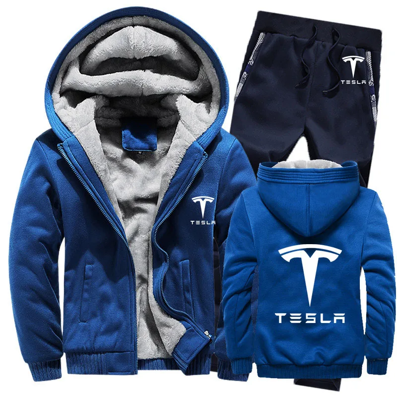 

Hoodies Men Tesla Car Logo Mens Hoodies Suit Winter Thicken Warm Fleece cotton Zipper Tracksuit Mens Jacket Pants Sets
