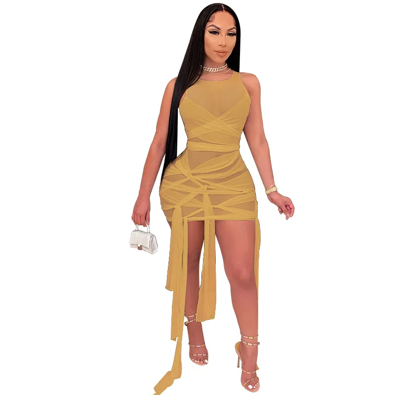 

DaDa Bodycon Dress Sleeveless Tight-fitting Lace High Stretch Nightclub Sexy Mesh Dress