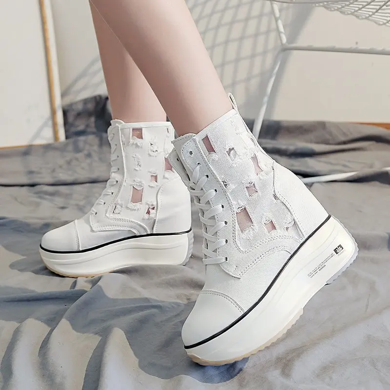 

Rimocy New Hollow Canvas Ankle Boots Women Breathable High Top Round Toe Platform Boots Lace Up Height Increased Shoes Woman