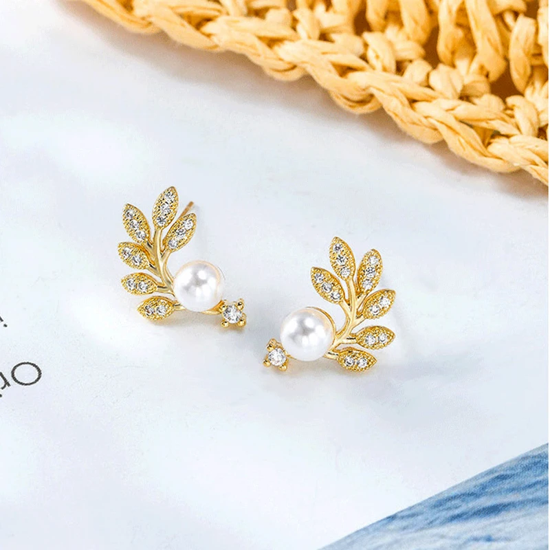 

Korean Fashion Pearl Art Leaves Earrings for Women Temperament High Quality Jewelry AAA Zircon Piercing S925 Needle Ins Hot Gift