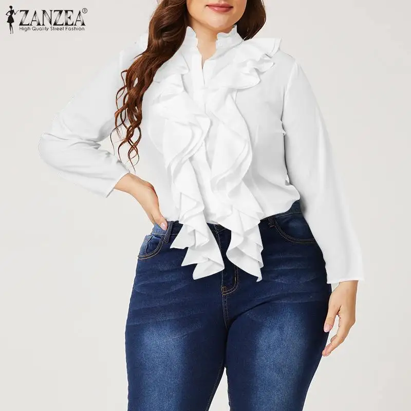 

Plus Size ZANZEA Elegant Work Flounce Blusas Autumn Women Solid Blouse Ruffles Office Shirts Long Sleeve Ladies OL Tunic Tops