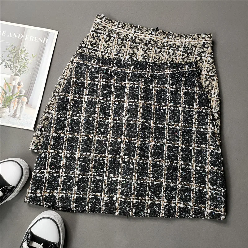 

Women Autumn High Waist Vintage A-line Woolen Skirt Female With Shorts Korean Plaid Skirt Women Sequins Slim Short Skirts