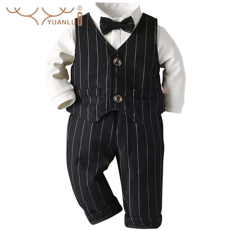 Winter Striped Plus Velvet Thick Boy's Suit for Wedding Party 3Pcs Vest Shirts Pants Soft Cotton Formal Suit for Boys Kids