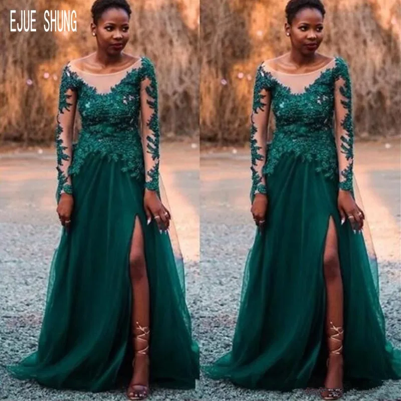 

E JUE SHUNG Dark Green African Wedding Dresses Scoop Neck Long Sleeves Appliques Bridal Gowns Side Split Lace vestido de noiva