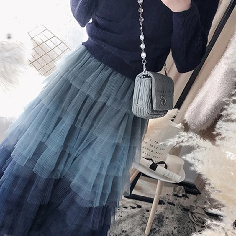 Женская длинная юбка с градиентом SETWIGG синяя многослойная трапеция из тюля до