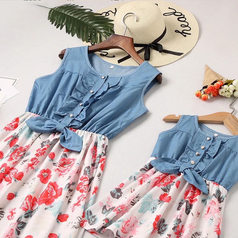 Summer Mother Daughter Dresses Sleeveless Mommy And Me Family Matching Clothes Kids Girl Ruffles Floral Patchwork Mini Dress | Мать и
