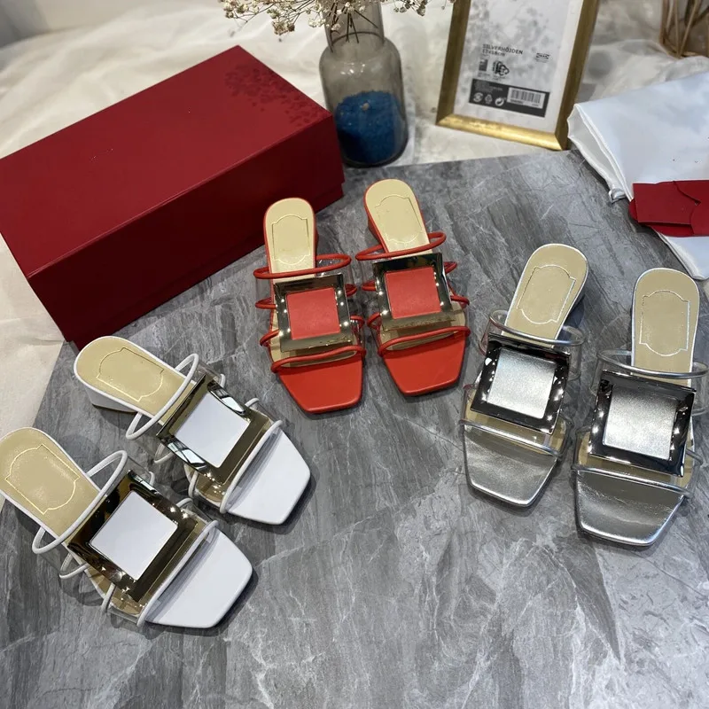 

Women's Thick Heel Square Toe High Heel Sandals and Slippers Rhinestone Metal Square Buckle Mid-heel Pumps Shoes