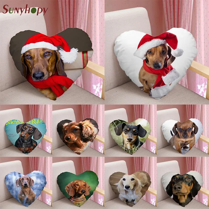 

Dachshund Custom Heart Shape Decorative Cushion Cover Home Decor Zippered Satin Fabric Pillowcase-090ZLL