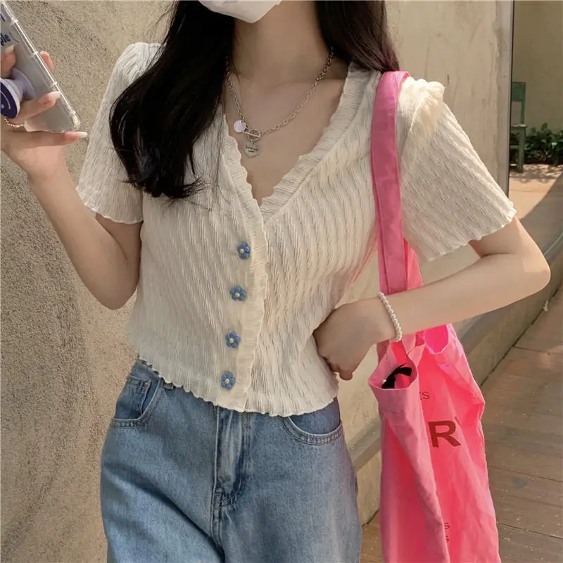 

2021 Korean Version Summer Women's New Fashion Short-sleeve Knit Design Sense Solid Color V Collar Casual High-waist Short Tops