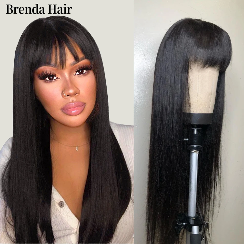 

Парики из бразильских прямых человеческих волос с челкой, парики из человеческих волос Remy полностью машинной работы для женщин, парик с бах...