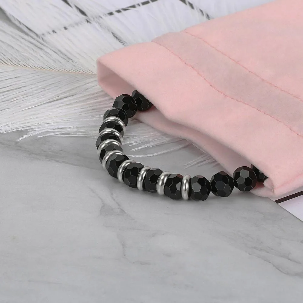 Браслет BOFEE из бусин натурального черного оникса стальная веревка стрейчевая