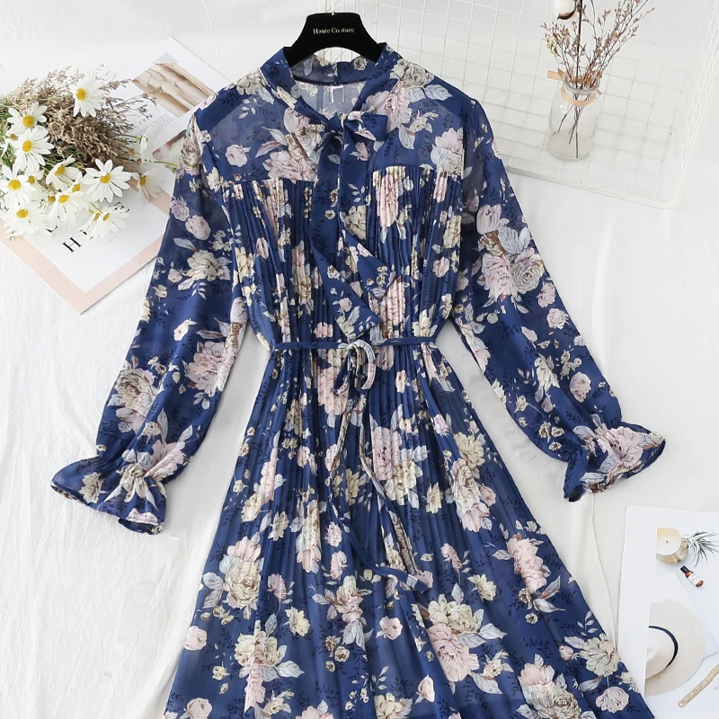 

ZAWAHIKI Floral Slim Waist Drawstring Chiffon Beach Style Pleated Femme Robe 2021Spring Bow Neck Long Sleeve Fashion Woman Dress