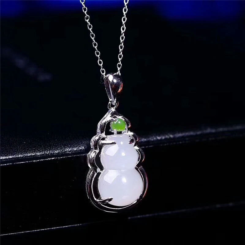 

LETSFUN Women S925 Sterling Silver Inlaid Natural Hetian White Jade Gourd Pendant Jewelry Necklace Gift Gemstone Necklace