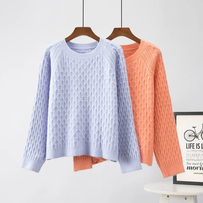 

Vintage Light Blue Plaid Knit Tops Autumn 5 Colors Long Sleeve Knitted Pullover Sweater Loose Casual Long Sleeve Women Knitwear