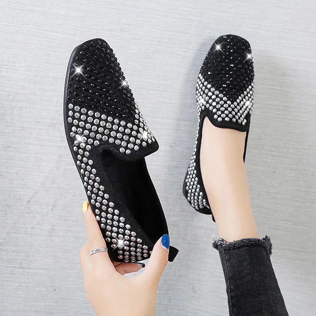 

2020 Luxury Woman Flats Shoes Crystal Rhinestone Loafers Female Comfort Leather Work Shoe Ladies Casual Bling Office Shoes Black